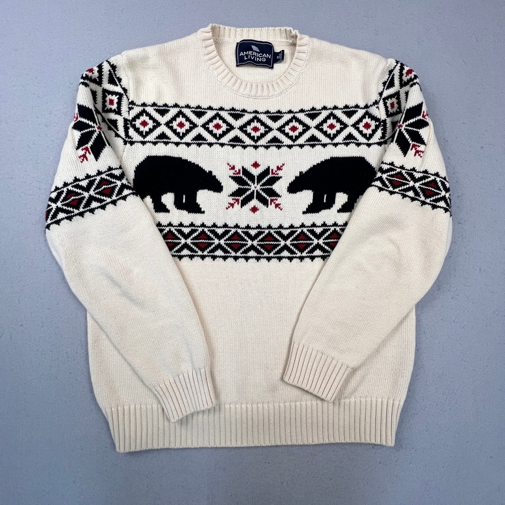 American Living Bear Fair Isle Sweater Mens Medium Cream Cotton Knit Cabin Core
